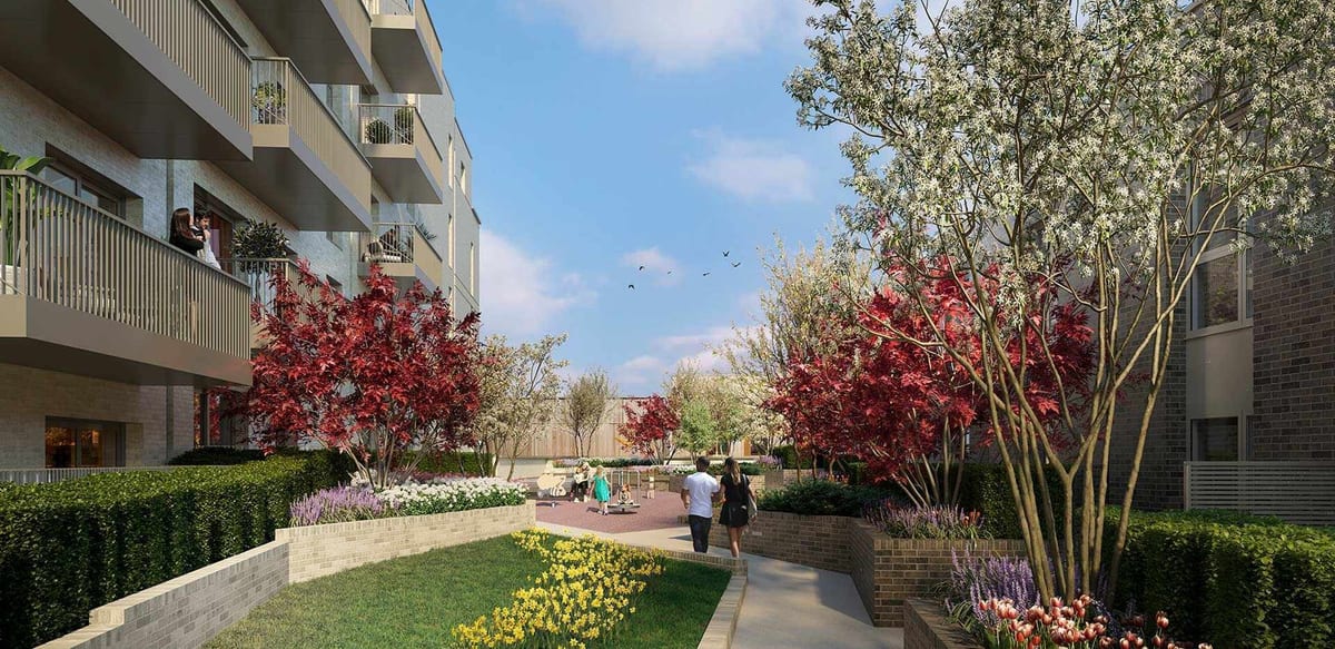 Computer-generated image of the Blackheath Collection podium garden in spring, with blossom trees, lawns and seating between the apartment balconies