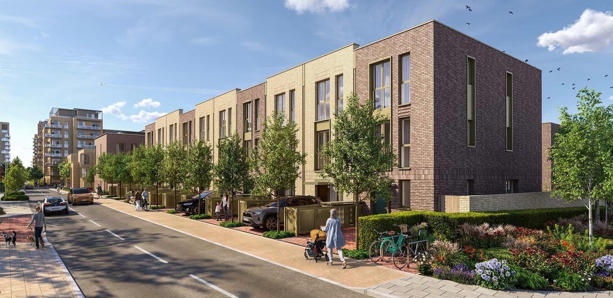 Computer-generated image of the Blackheath Townhouses: a terrace of three-storey buff and dark brick homes along a tree-lined street