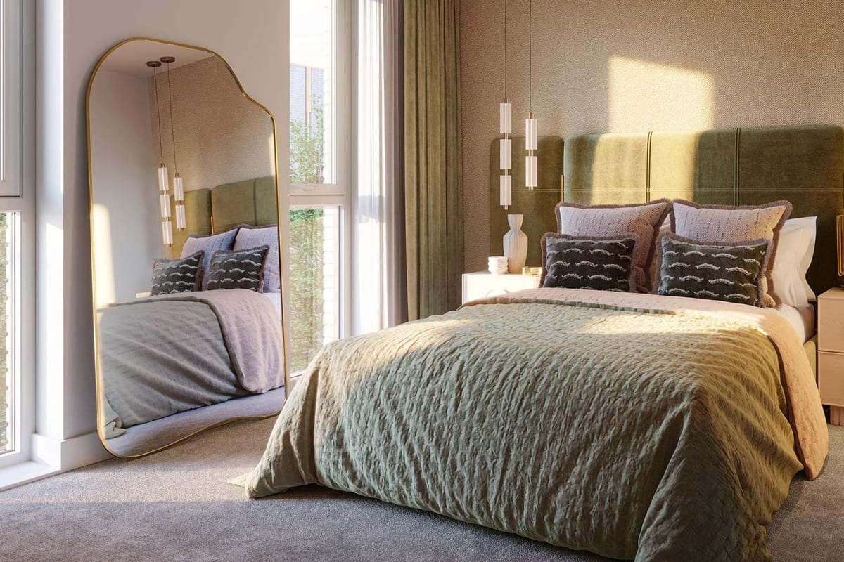Computer-generated image of a townhouse bedroom with an olive velvet headboard, glass pendant lights and a tall arched mirror