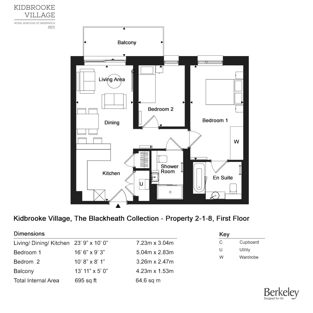 Floor plan of apartment 2-1-8: two bedrooms, an en-suite bathroom and a shower room, open-plan living, dining and kitchen and a balcony