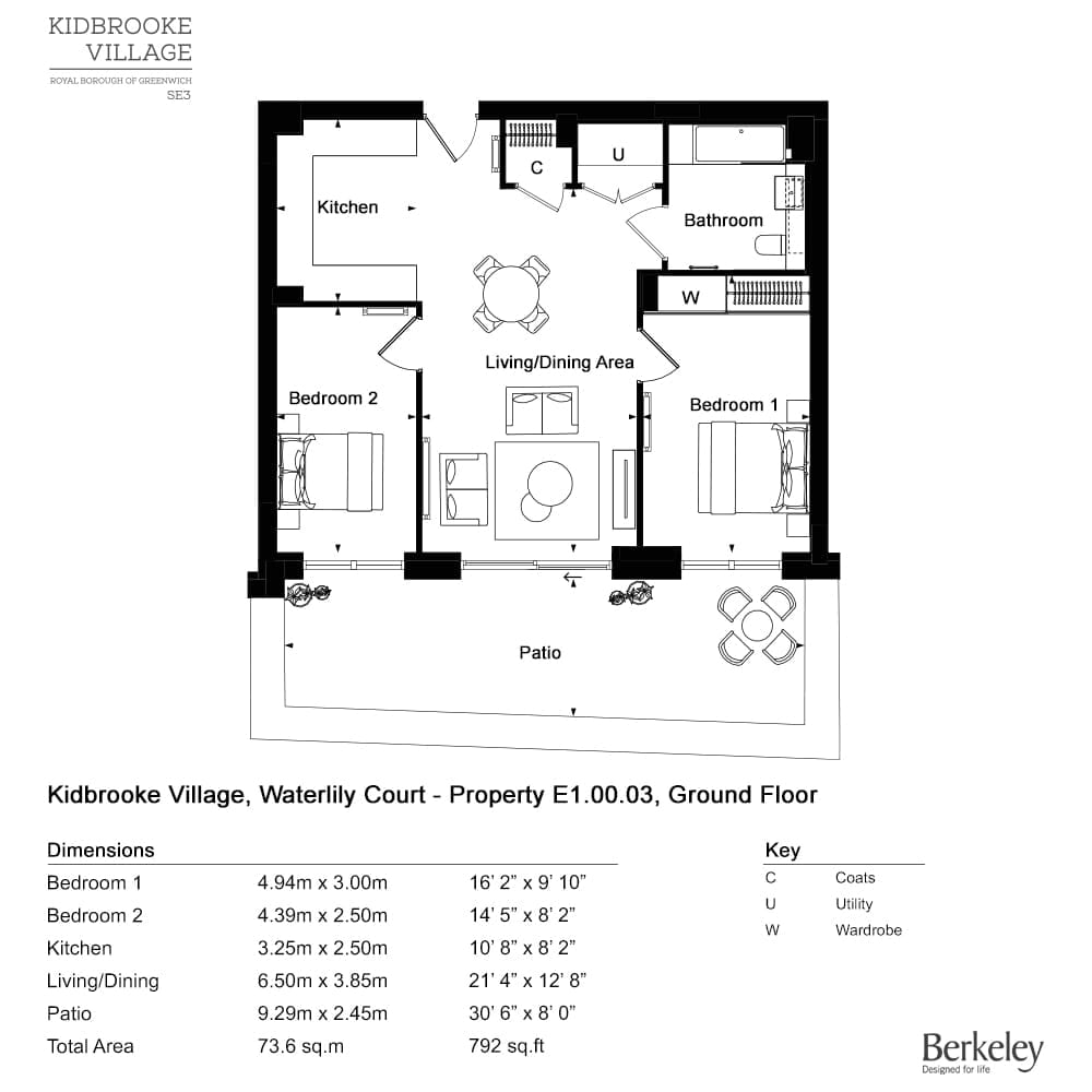 Floor plan of apartment E1.00.03: two bedrooms either side of the living and dining room, a separate kitchen, a bathroom and a patio along the whole frontage