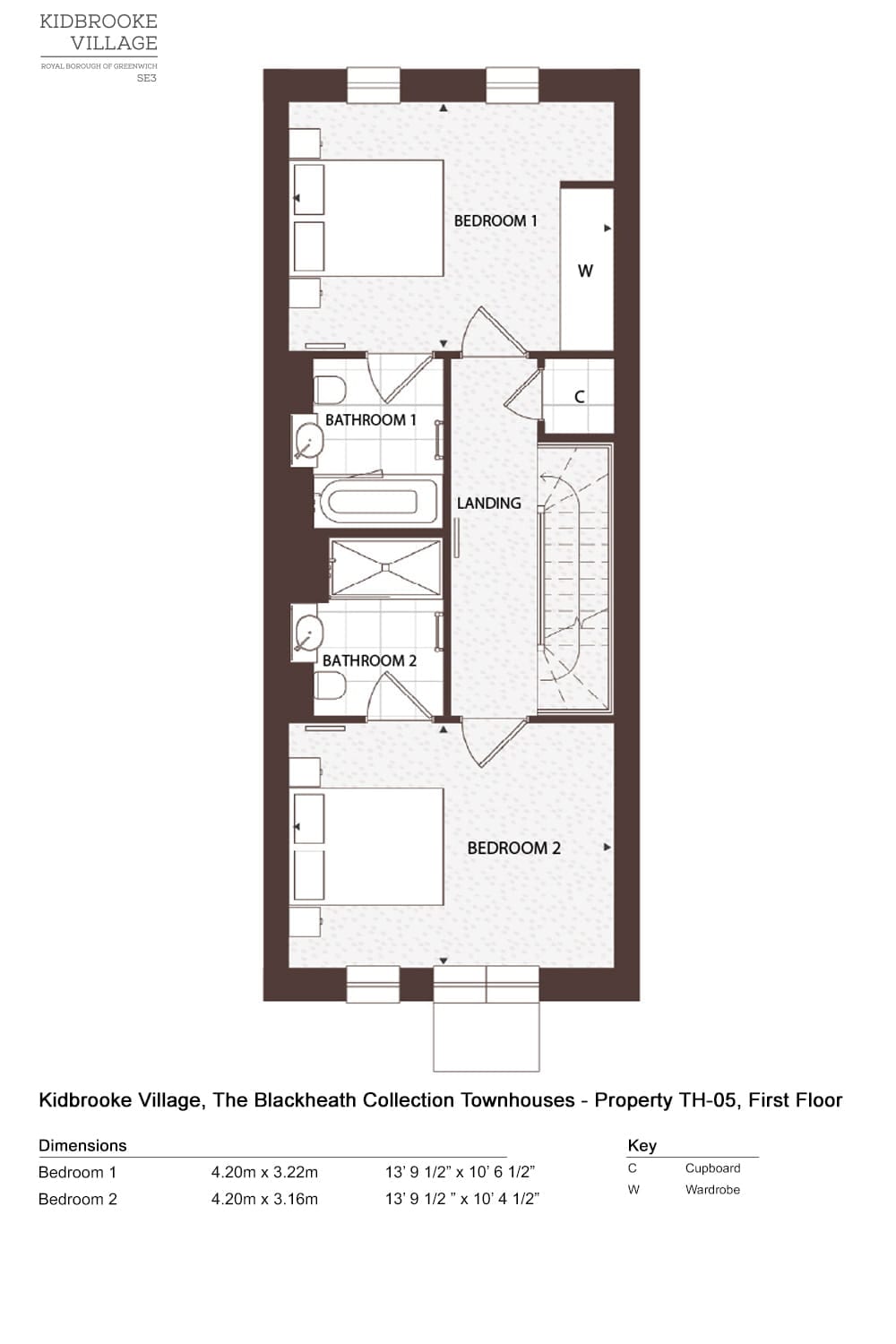 First floor plan of TH05: bedrooms 1 and 2, each with a bathroom
