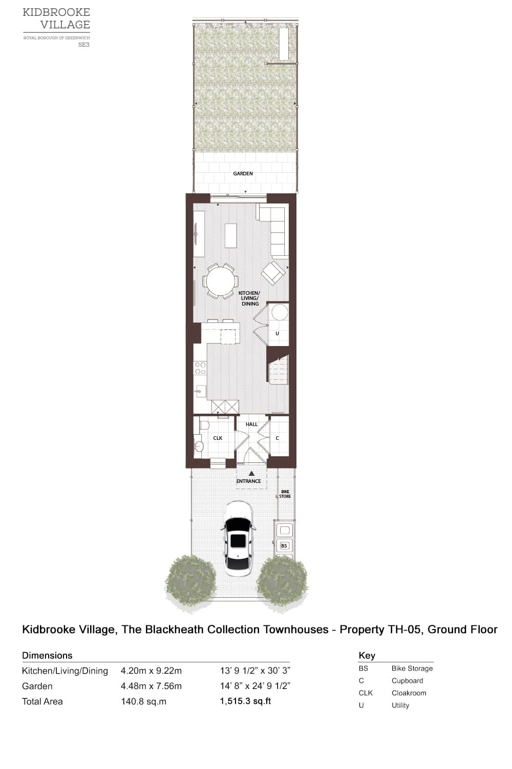 Ground floor plan of TH05: open-plan kitchen, living and dining room running front to back, cloakroom, utility and the rear garden, with the driveway at the front