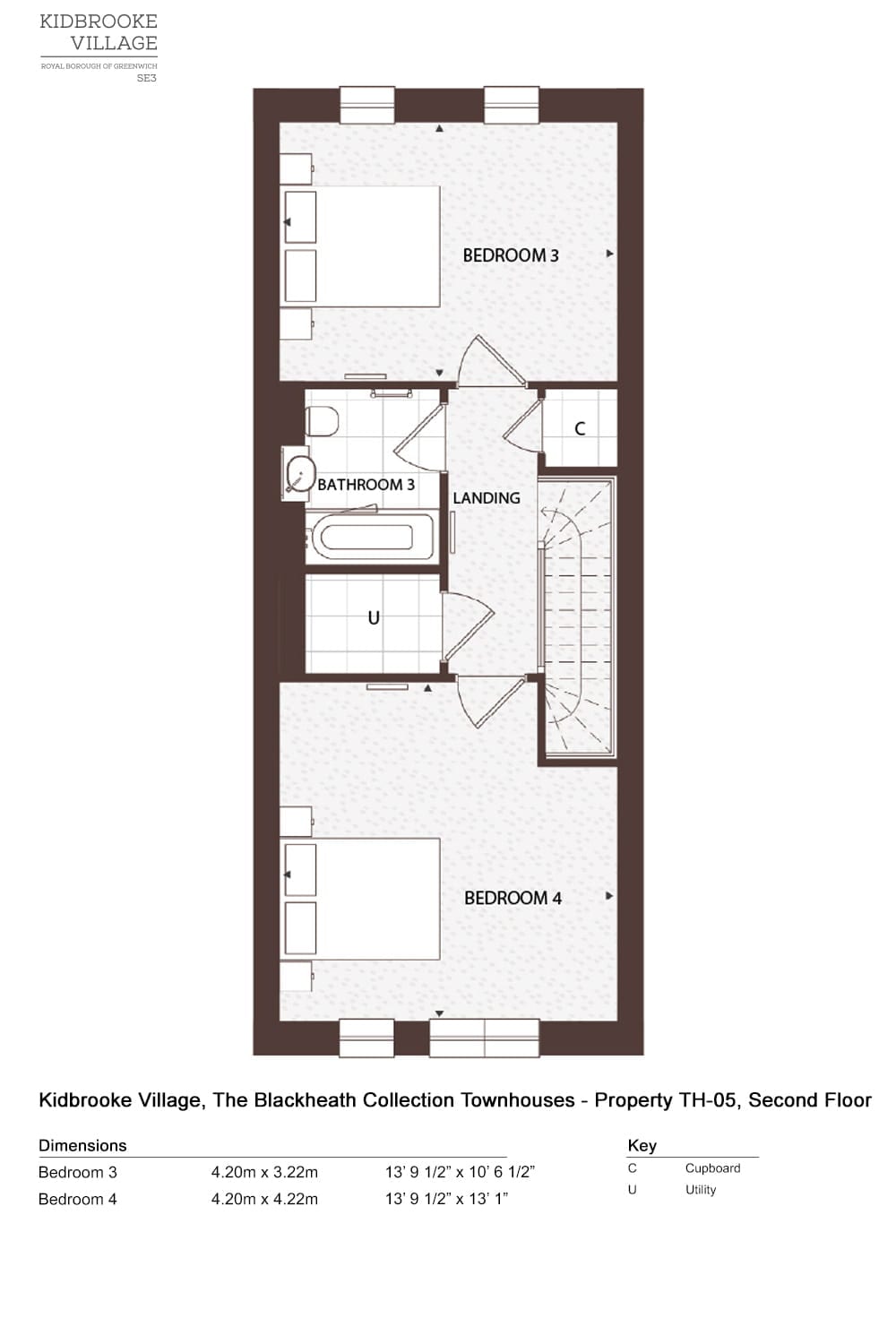 Second floor plan of TH05: bedrooms 3 and 4 and a family bathroom