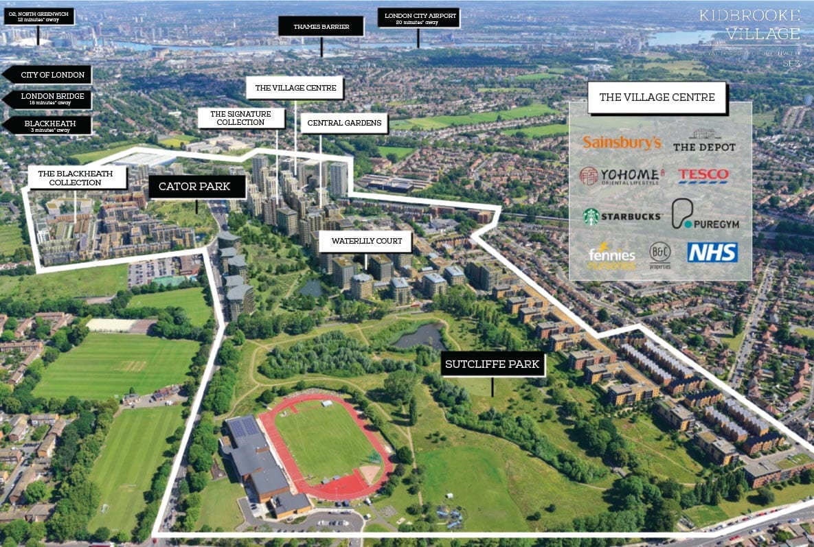 Aerial photograph of Kidbrooke Village with labels for The Blackheath Collection, Cator Park, Waterlily Court, the Village Centre and Sutcliffe Park